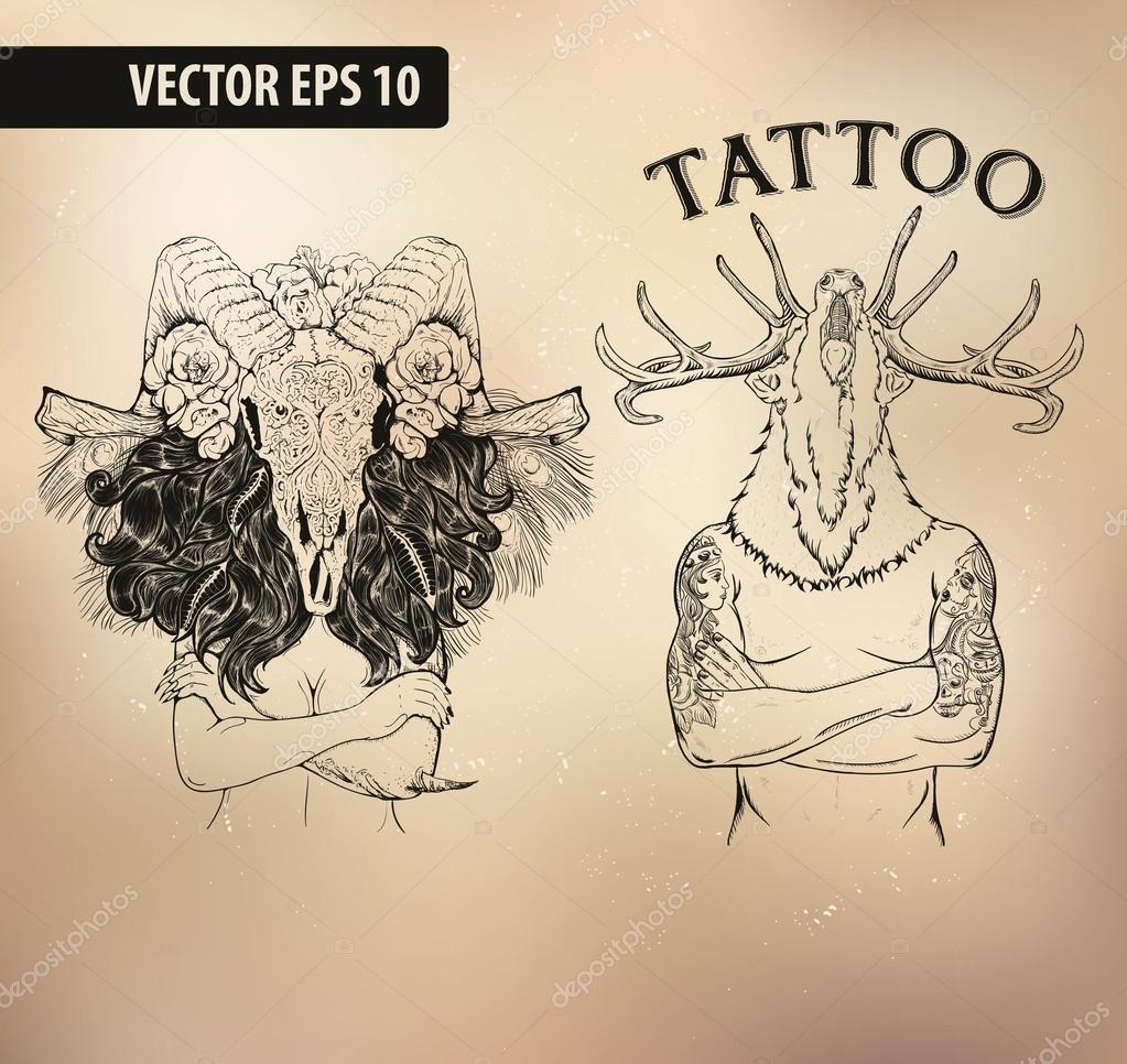 Vector tattoo studio logo templates on dark background. Cool retro styled vector emblems.