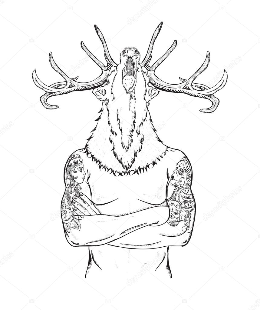 사슴 머리 문신된 남자 스톡 벡터 - ©Lviktoria25 111824208, image size:859x1023