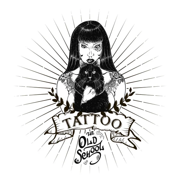 Tattoo girl old school studio skull — Stock Vector