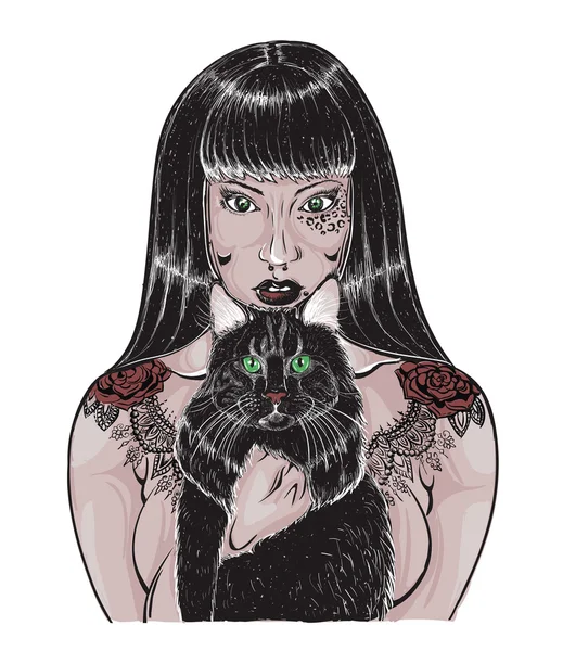 Chica del tatuaje con gato — Vector de stock