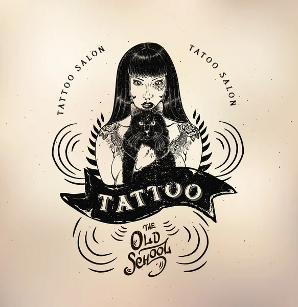 Tatuaje chica vieja escuela estudio cráneo — Vector de stock