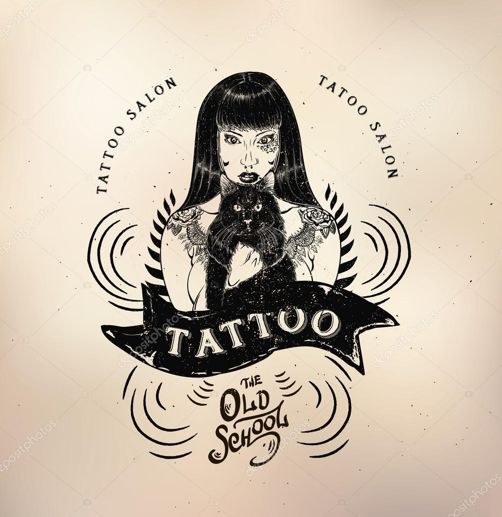Vector tattoo studio logo templates on dark background. Cool retro styled vector emblems.