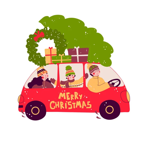 Desenhos animados árvore de família carro para design de decoração. Feliz Natal!. — Vetor de Stock