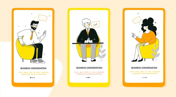 Business negotiation, conversation, Flat onboarding mobile app page screen template. Business people talking at table.