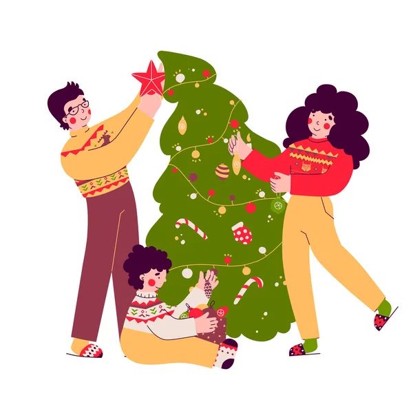Preparación para la Navidad, árbol de decoración, noche familiar, ilustración vectorial plana. — Archivo Imágenes Vectoriales