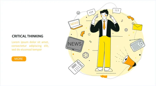 Pensamento crítico, design gráfico plano vetorial. Filtro de notícias, modelo de landing page vetorial plano. — Vetor de Stock