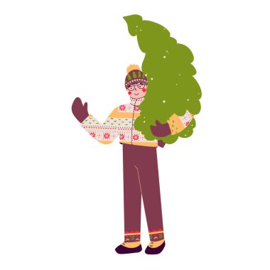 Elinde Noel ağacı tutan adamın olduğu klasik bir çizgi film çizimi. Mutlu yıllar Kış vektör illüstrasyonu.