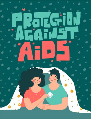 Yatakta çift, AIDS koruması, doğum kontrol, düz vektör karikatür çizimi.