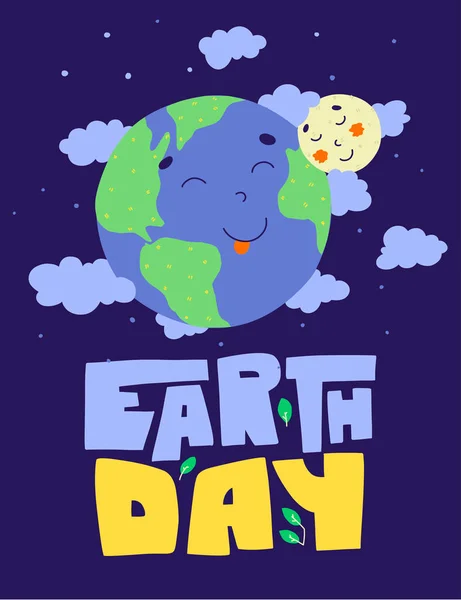 Earth day, holiday card. Planet earth. Planet earth and moon in space in the clouds. — Wektor stockowy