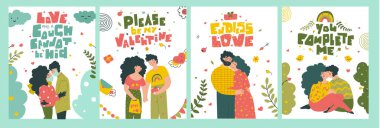 Sevgililer Günü tebrik kartları, düz vektör çizimi.