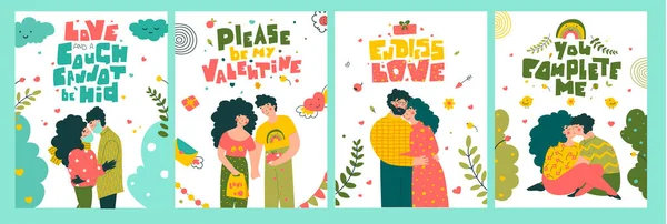 Set de cartes de vœux Saint Valentin, illustration vectorielle plate. — Image vectorielle