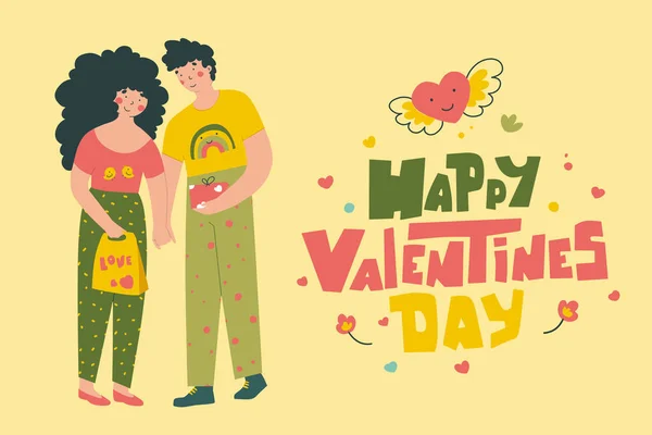 Valentin-napi szerelmeskártya lapos stílusban. Üdvözlőlap kialakítása. — Stock Vector