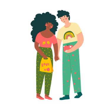 Sevgililer günü için hediyeler veren çift, vektör çizimi düz tasarım. Romantik vektör.