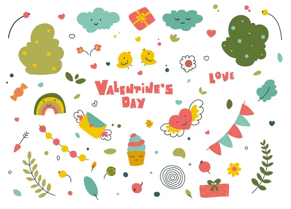 Valentin napi elemek dekoráció, lapos vektor illusztráció tervezés. — Stock Vector