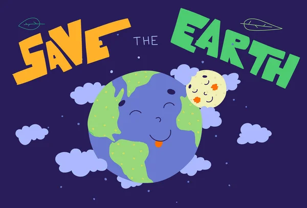Earth Day Schriftzug, Vector Illustration Design. Cartoon Erde Mond für Konzeptdesign. Schrifttypografie-Plakat. — Stockvektor