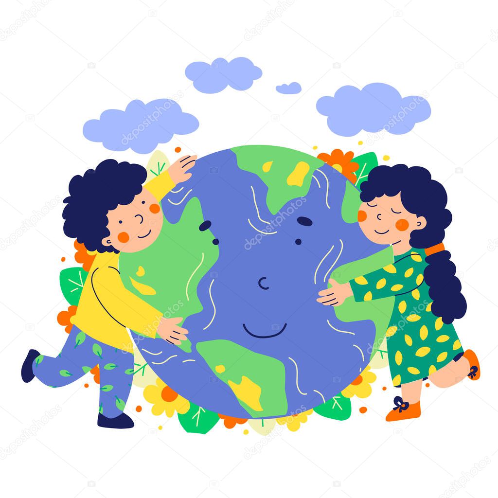 Children earth day in cartoon style, Cartoon people vector illustration.