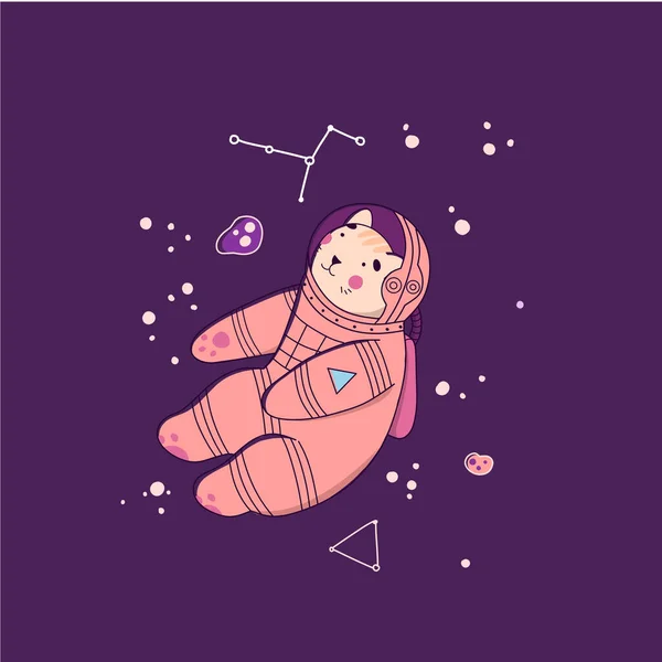 Katt astronaut i rymden, Platt tecknad vektor illustration. Svart bakgrund. — Stock vektor