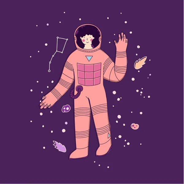 Astronautin, Feminismus, Emanzipation. Raumfahrt, Tourismus, Reisen, Sternenhimmel. — Stockvektor
