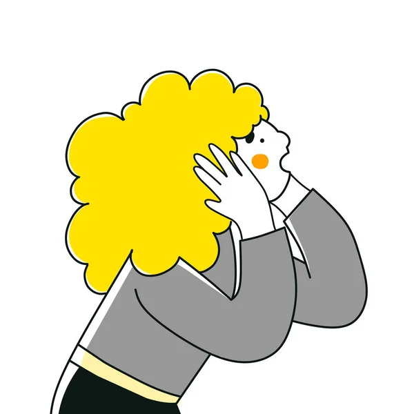 Illustration vectorielle plate de personnage de dessin animé femme effrayée. Femme en état de choc et hystérie, avec un mal de tête. — Image vectorielle