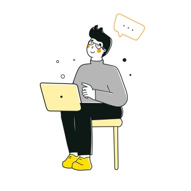 Dizüstü bilgisayar için programlama gözlüğü, düz vektör karikatür çizimi. Düşünce süreci, fikirler gelir. Bilgisayar teknolojisi.