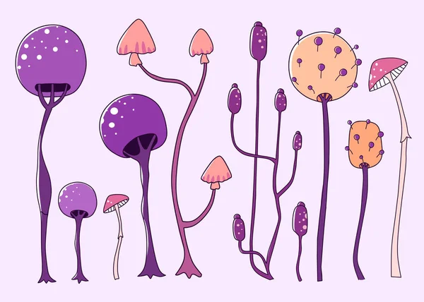 一套背景明亮的卡通风格的太空蘑菇.矢量图形说明. — 图库矢量图片