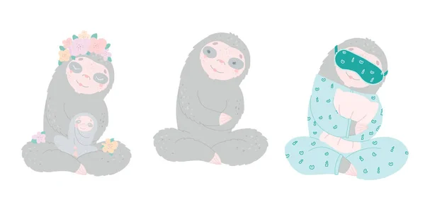 Urocza rodzina leniwców. Zestaw leniwców. Mama i dziecko uśmiechnięte, rysujące w stylu płaskim. — Wektor stockowy