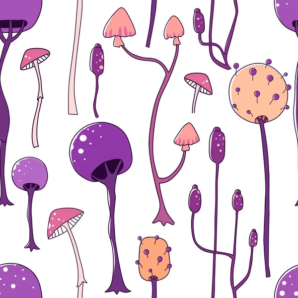 Seamless pattern of space mushrooms in cartoon style on light background. Vector graphic illustration. — Stock Vector