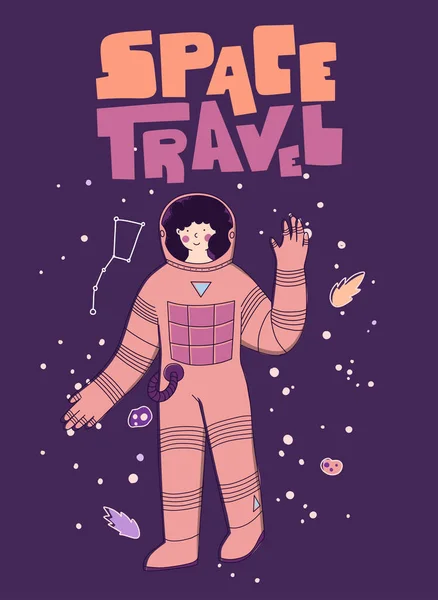 Piatto personaggio dei cartoni animati spacefemale. Letteratura da viaggio nello spazio. Un saluto da astronauta. Illustrazione del vettore del fumetto piatto. — Vettoriale Stock