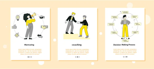 Tutoría, coaching, desarrollo de habilidades personales. Plantilla de pantalla de página de aplicación móvil de incorporación plana. — Archivo Imágenes Vectoriales