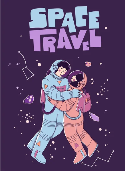 Lovers in space suits, in space. Lettering typography poster. Space tourism, exploration, flight to mars. — Stock Vector