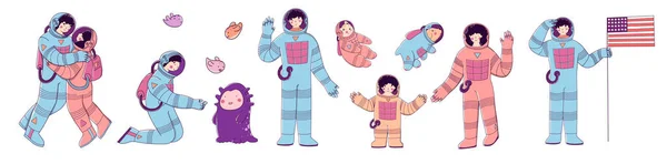 Familia de astronautas espaciales. Viaje espacial, misión a Marte, turismo, colonización de Marte. — Vector de stock