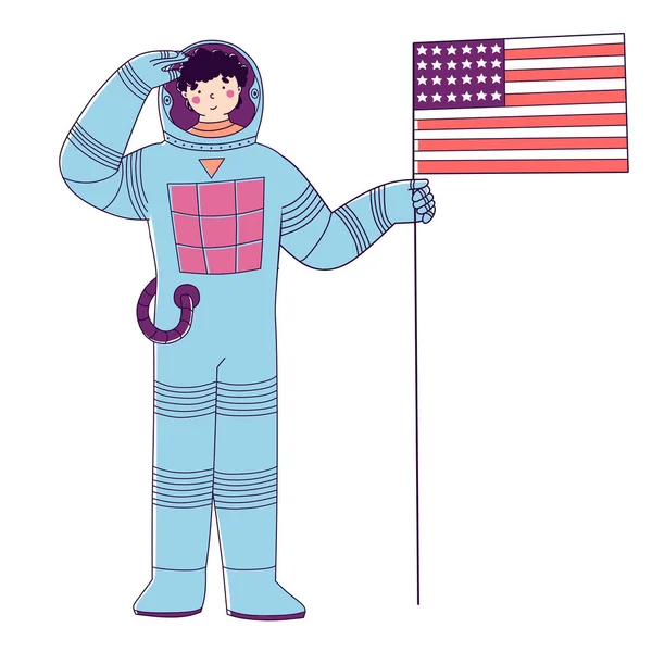 Homme de l'espace personnage de dessin animé plat. Salutation des astronautes. Etats-Unis drapeau. Illustration vectorielle dessin animé plat. — Image vectorielle