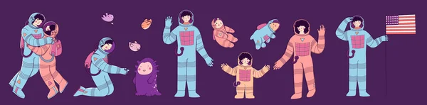 Familia de astronautas espaciales. Viaje espacial, misión a Marte, turismo, colonización de Marte. — Vector de stock