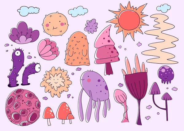 涂鸦蘑菇外星人设置。有趣的卡通角色设计集. — 图库矢量图片