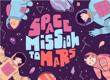 Derin arka planda Mars 'a fantastik bir uzay görevi. Düz vektör karikatür çizimi. Teknoloji geçmişi. Vektör illüstrasyon tasarımı.