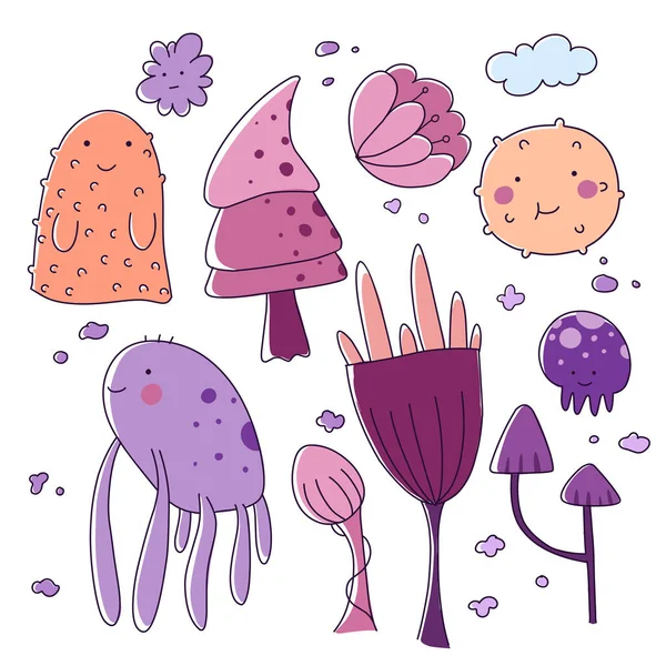 涂鸦蘑菇外星人设置。有趣的卡通角色设计集. — 图库矢量图片