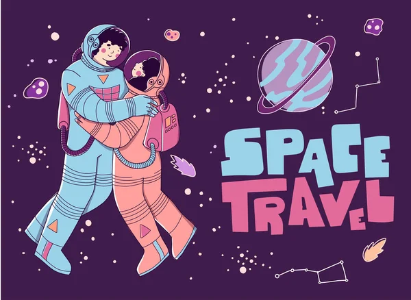Amoureux en combinaison spatiale, dans l'espace. Affiche de typographie. Tourisme spatial, exploration, vol vers mars. — Image vectorielle