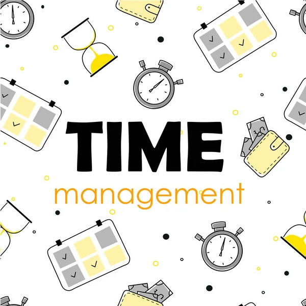 Patrón de gestión del tiempo dibujado a mano para el diseño de marketing. Icono del temporizador. — Vector de stock