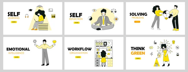 Soft skills banners web for business working, Colaboración, Toma de decisiones y comunicación, Creatividad, Gestión, EQ, Adaptabilidad — Archivo Imágenes Vectoriales