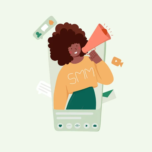 Közösségi média menedzsment koncepció lány gazdaság megafon vonzza a látogatókat szereti, emoji blog szociális oldal. — Stock Vector