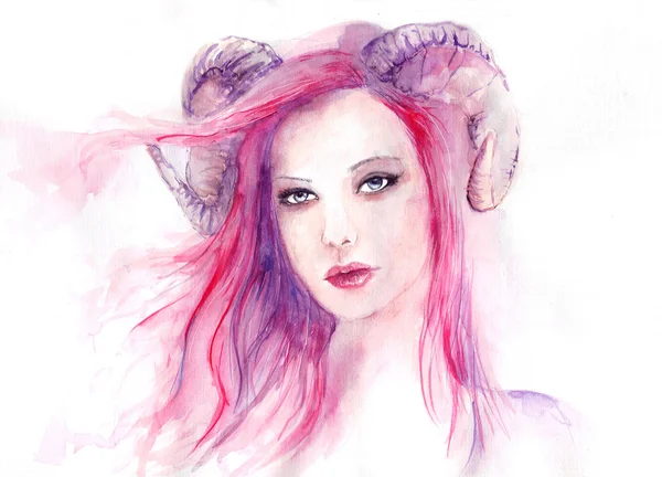 Beautiful woman with long hair and horns — Stock Photo, Image