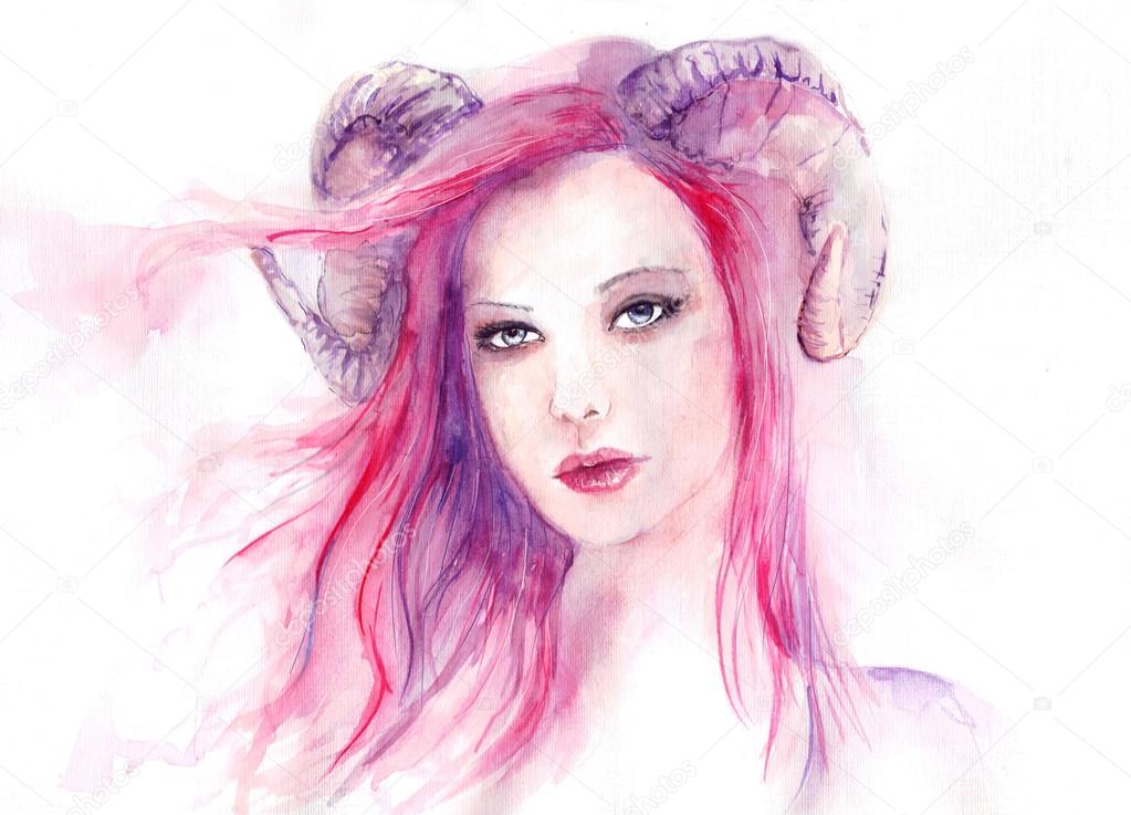 Beautiful woman with long hair and horns