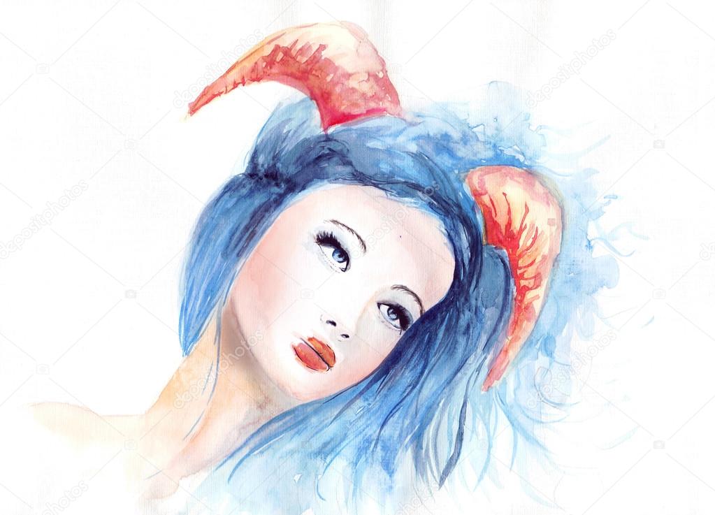 Beautiful woman with long hair and horns