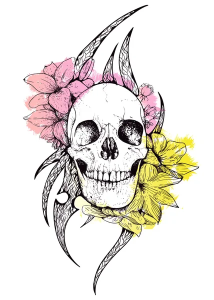 Totenkopf und Blumen — Stockvektor