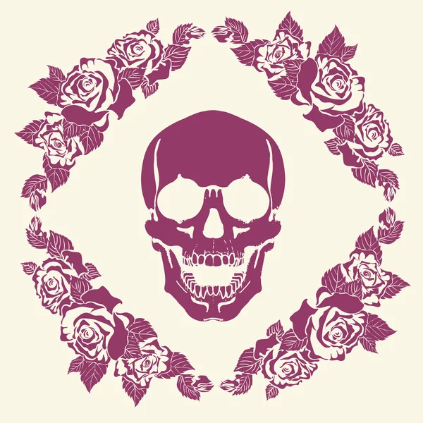 Calavera en el marco de rosas — Vector de stock