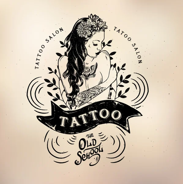 Tatuaje chica vieja escuela estudio cráneo — Vector de stock