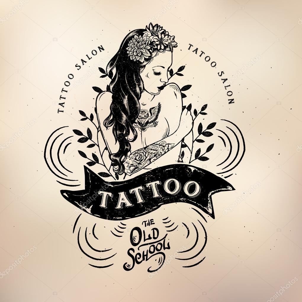 Vector tattoo studio logo templates on dark background. Cool retro styled vector emblems