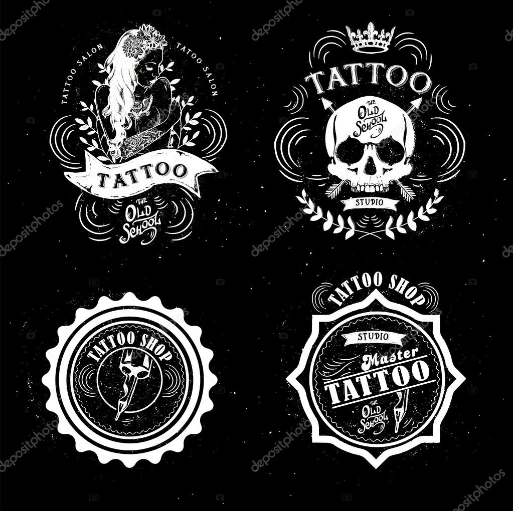 Set Vector tattoo studio logo templates on dark background. Cool retro styled vector emblems