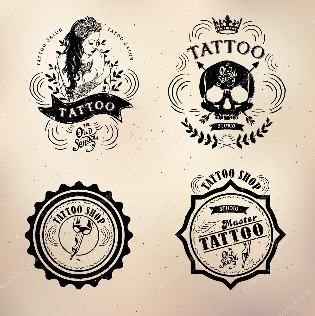 Set Vector tattoo studio logo templates on dark background. Cool retro styled vector emblems