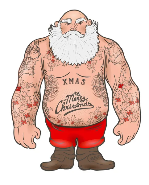 Brutal Santa Claus Bodybuilder, tattoos — Stock Vector